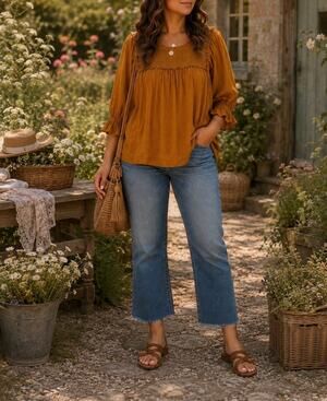 Anthropologie XL Mustard Smocked Puff Sleeve Peasant Blouse Boho Cottagecore